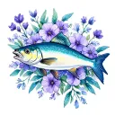 decorative sardine illustration inspired by traditional Portuguese tiles, surrounded by delicate violet flowers tattoo design idea