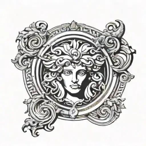 Create a tattoo design featuring the Versace Medusa logo in the center, surrounded by an ornate ring. Below it, include  tattoo design idea