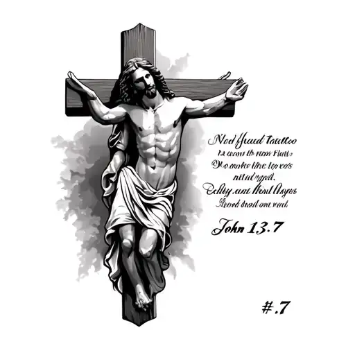 Realistic religious tattoo with Jesus, cross and verse of John 13: 7, symbol of faith and trust in divine design tattoo design idea