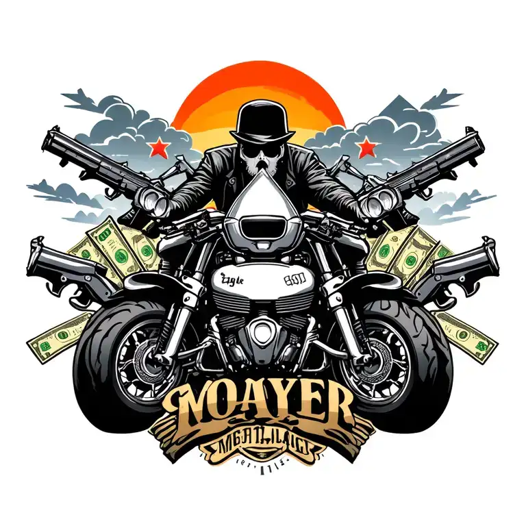 gangster style with stars, guns, money, motorbikes. have clouds in background, maye a sun. add pyramids and shine tattoo design idea