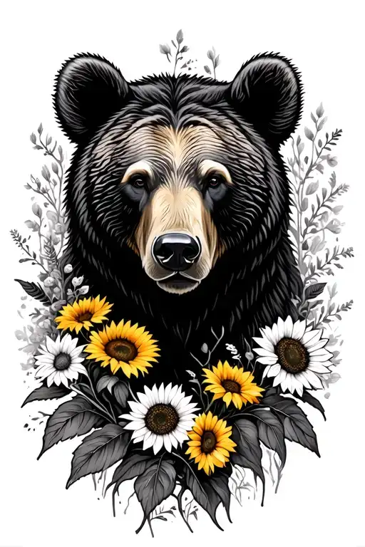 bear head, wildflowers like marigiolds and sunflowers in the background black and white and  tattoo design idea