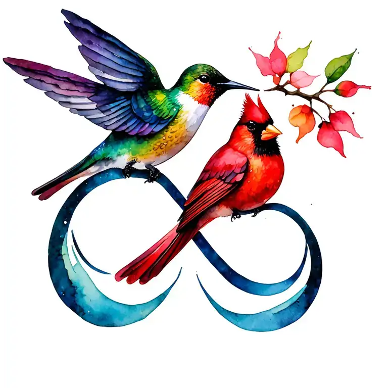 infinity symbol intertwined hummingbird and cardinal tattoo design idea