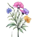 sweet pea, narcissus, cosmo, delphinium flower bouquet tattoo design idea
