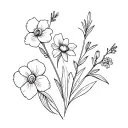 sweet pea, narcissus, cosmo, delphinium flower bouquet tattoo design idea