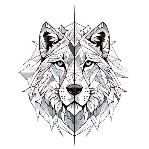 geometric lion an wolf half splitted tattoo design idea