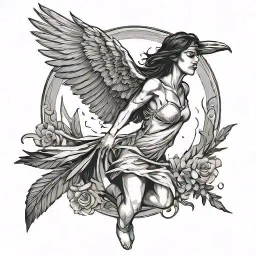 memento vivere woman with raven wings flying away tattoo design idea