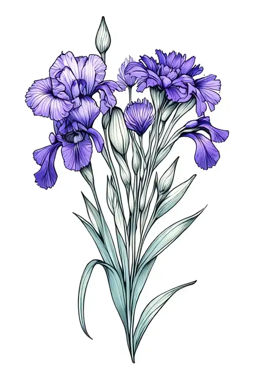 Bouquet of iris, purple, lark and aster flowers tattoo design idea