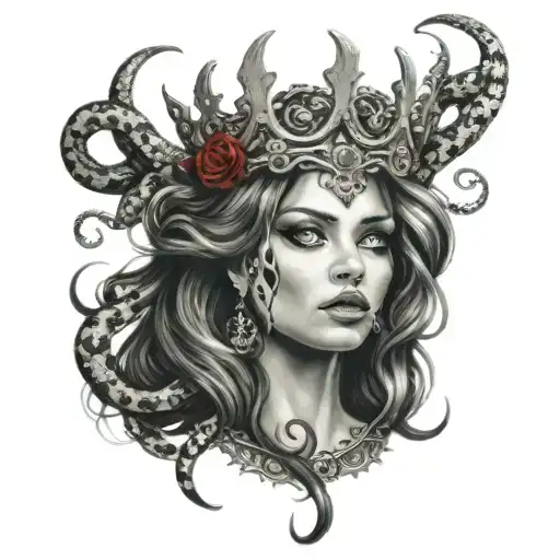 medusa face with white eyes, snakes for hair, blood teardrops, and a tiara with shiny jewels tattoo design idea