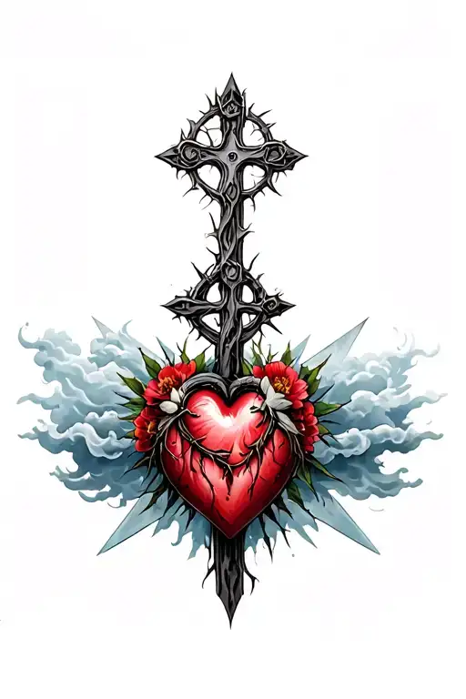 Norse cross, clouds, rays, floral patterns, crown of thorns, heart tattoo design idea