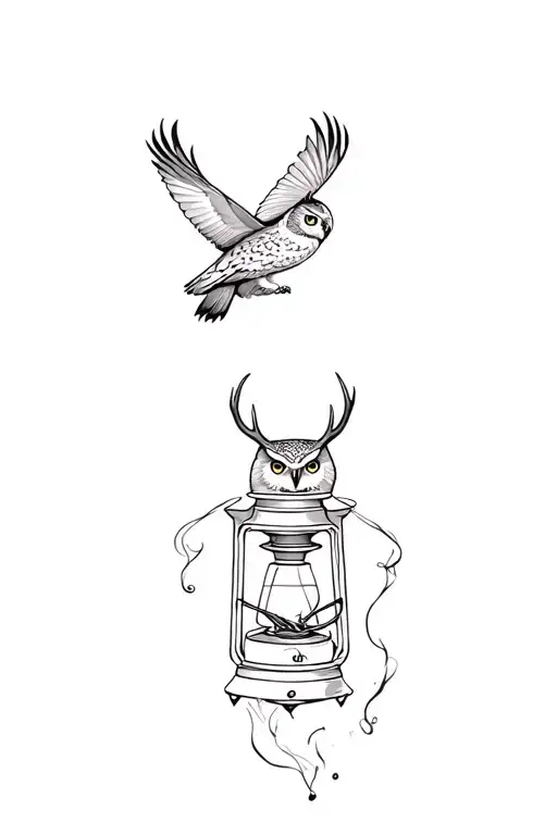 great horned owl with antlers flying over a smokey lit lantern tattoo design idea