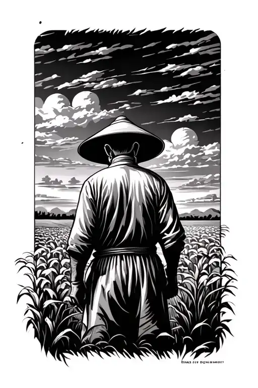 old Chinese farmer in a field facing away tattoo design idea