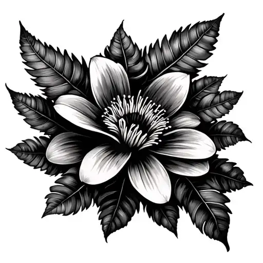 Pohutukawa Flower and Fern Leaf tattoo design idea