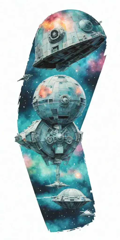 millennium falcon fighting death star in space tattoo design idea