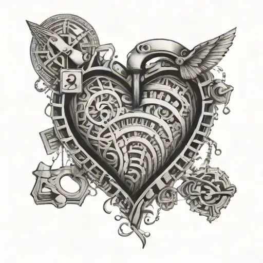 An intricate dotwork design of a heart made out of dollar bills and car keys, representing your passion for money and cars intertwined with love tattoo design idea