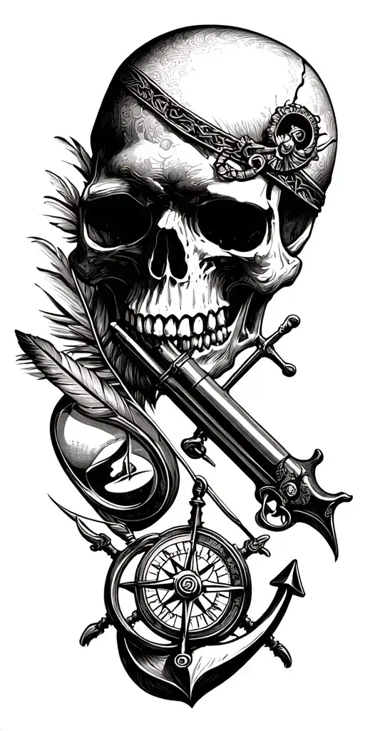 skulls, flintlock pistol, cutlass, quill pen, nautical compass, fouled anchor, ship's wheel, hourglass tattoo design idea