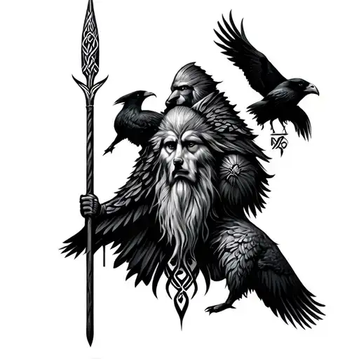 Norse tattoo: Odin with spear, two ravens, wolf. Runes, knotwork. Black lines, tribal style tattoo design idea