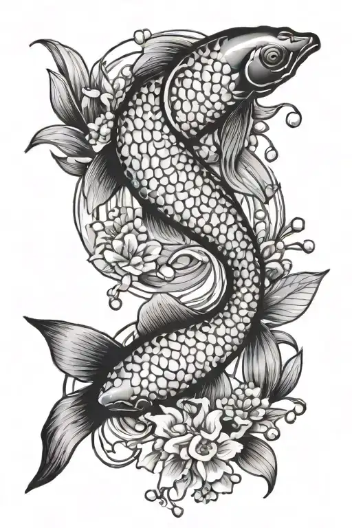one Koi fish that are not in a pond with flowers surrounded by lily of the valley. very simple tattoo design idea