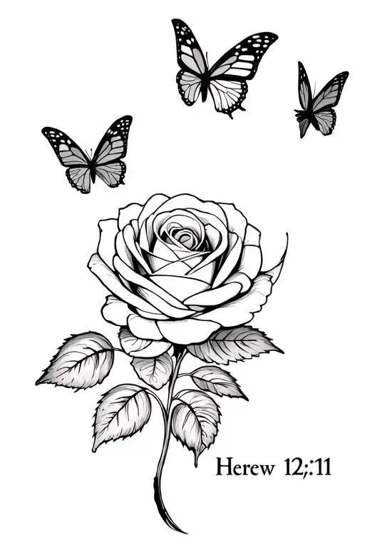"Hebrew 12:11" "Hebrew 12:11" rose surrounded by two butterflys flying with the text writeng under tattoo design idea