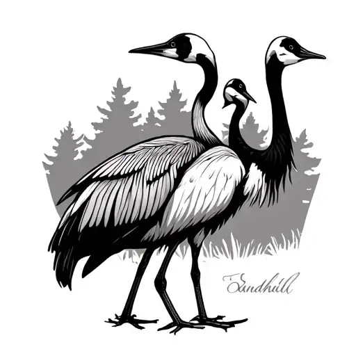 to Sandhill Crane standing with one another with a woodsy background tattoo design idea