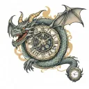 2 clock dragon flying tattoo design idea