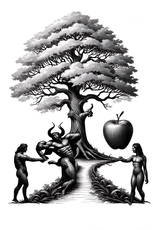 tree of life pathway leading towards Adam and Eve with an apple being handed off by the devil  tattoo design idea