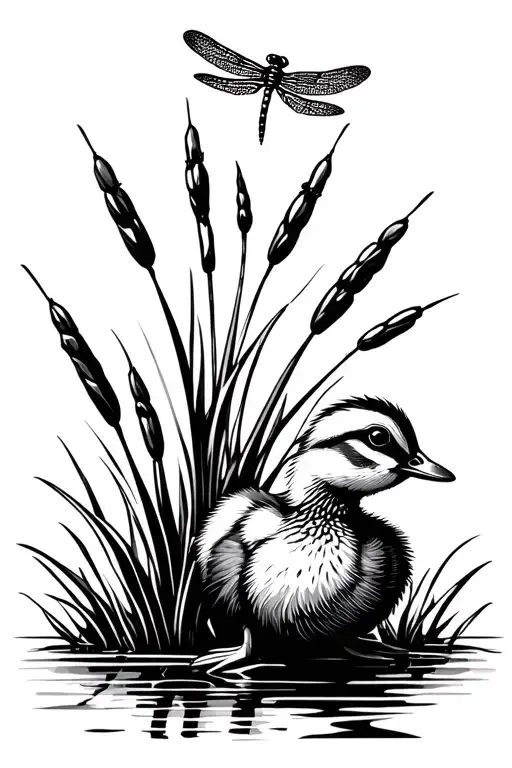 duckling looking up at dragonfly on cattails tattoo design idea