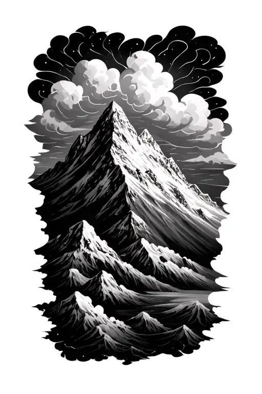 A symbolic representation of overcoming ovarian cancer with a mountain peak breaking through storm clouds tattoo design idea