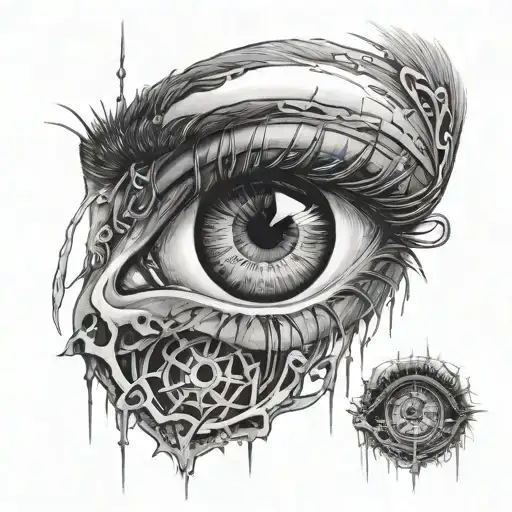 A terrifying eye with wires like those around it, as if they were implanted in the skin around the eye, making the pupil small compared to the eye and terrifying tattoo design idea