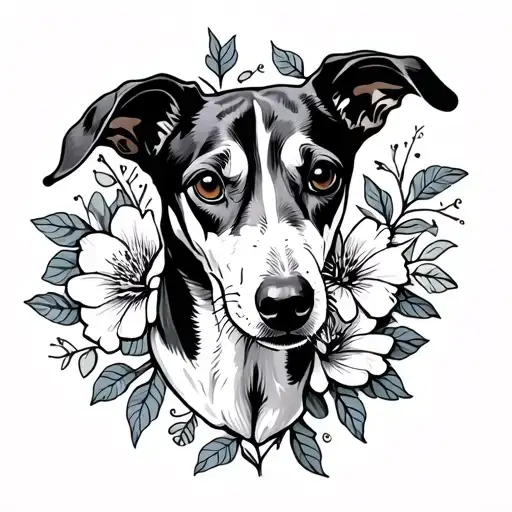whippet dog fine line flowers and vine tattoo design idea
