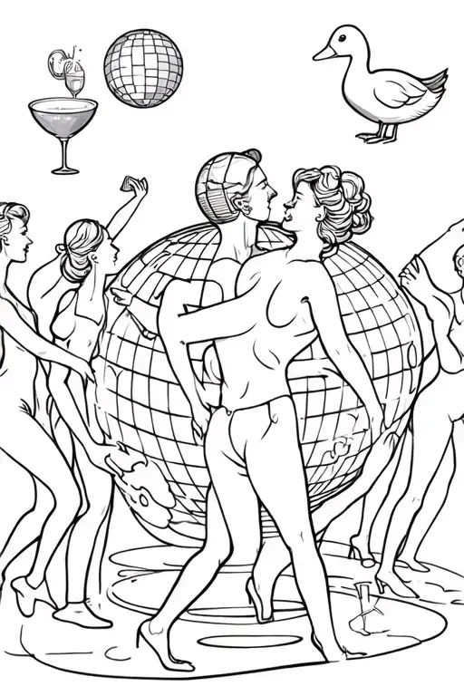 discoball with people dancing and incorperate aperol spritz and a duck make the disco ball the main thing tattoo design idea