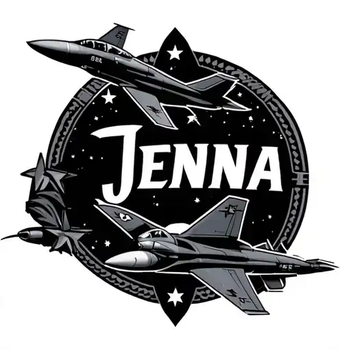 the word  "Jenna wr fifth us airforce jet background tattoo design idea