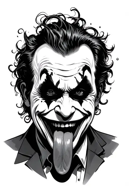 joker smile with the tongue out the mouth and ha ha around it  tattoo design idea
