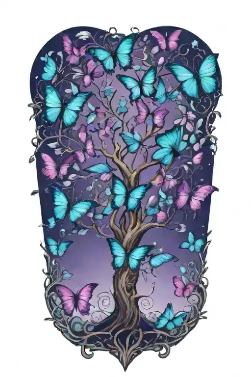 tree of life with purple and teal butterflies tattoo design idea