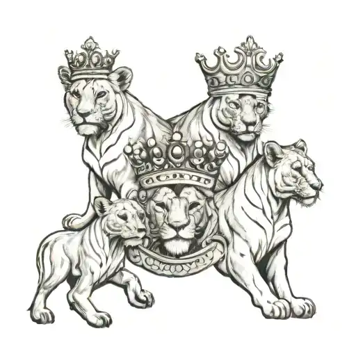 two lioness wearing a crown surrounded by cubs playing tattoo design idea
