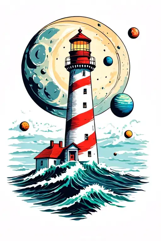 lighthouse sea planets orbiting moon tattoo design idea