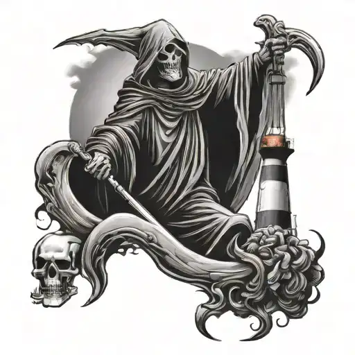 realistic, grim reaper with hourclass and lighthouse shining on  tattoo design idea