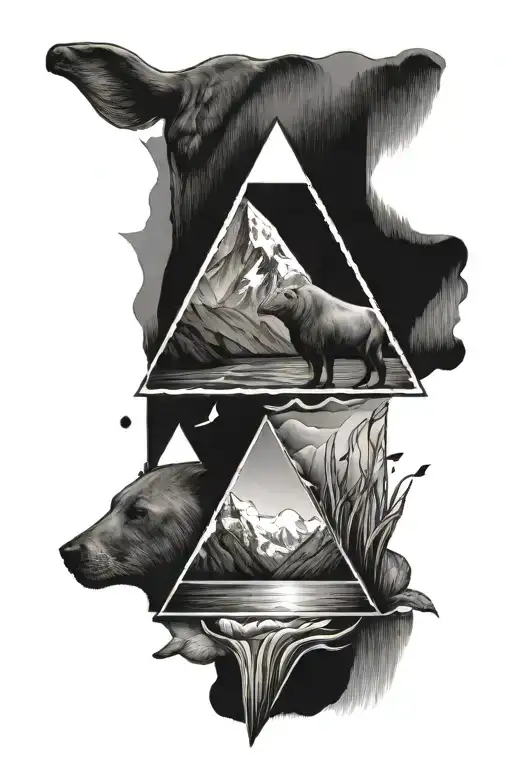 A triangle-styled tattoo. Including a fineline cow, waterfalls, sun, and new zealand black and white, sea lions endless  tattoo design idea