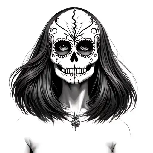 A broken but beautiful sugar skull woman in a vintage dark gothic style. Her hair is styled into a sharp, straight bob—b tattoo design idea