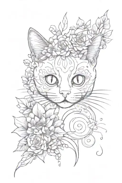 three eyed cat. surreal design. fine line tattoo. flowers and mushrooms and cute and pretty  tattoo design idea