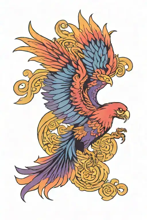 phoenix with wings spread, purple body and tail with a blue wing and a pink wing tattoo design idea
