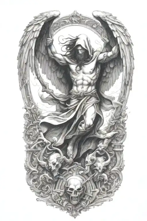 hooded arch angel defeating a demon tattoo design idea