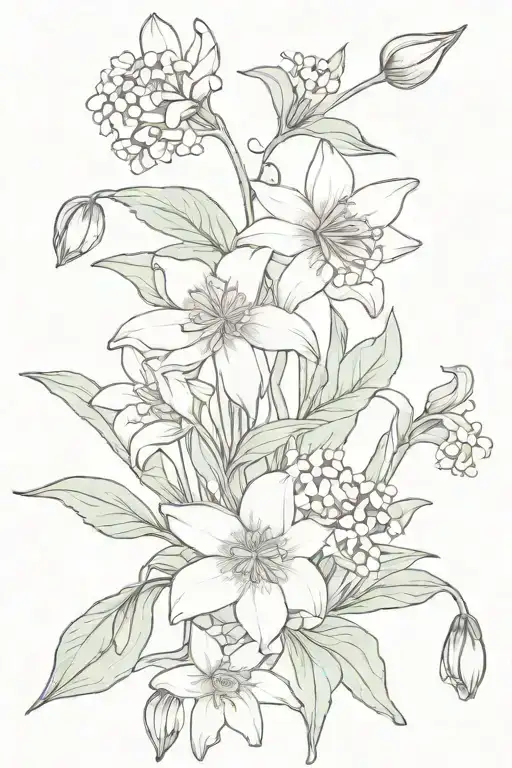 bouquet with aster, daffodil, chamomile, lily of the valley tattoo design idea
