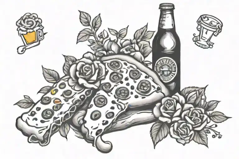 flowers, piece of pizza, bottle of beer tattoo design idea