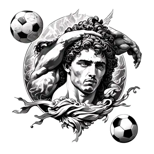 A black and grey full sleeve tattoo design blending Greek mythology, Persian art, and soccer. At the top, Sisyphus pushi tattoo design idea