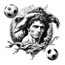 A black and grey full sleeve tattoo design blending Greek mythology, Persian art, and soccer. At the top, Sisyphus pushi tattoo design idea