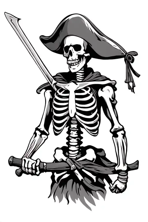 skeleton pirate full body wearing a pirate hat holding a sword tattoo design idea