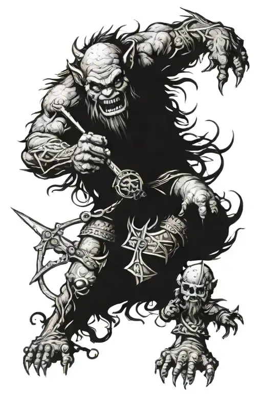 A landscape scene featuring a troll and a dwarf engaged in an epic battle, with intricate details and storytelling elements incorporated throughout tattoo design idea