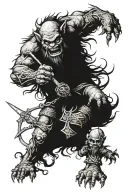 A landscape scene featuring a troll and a dwarf engaged in an epic battle, with intricate details and storytelling elements incorporated throughout tattoo design idea