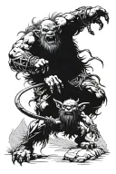 A landscape scene featuring a troll and a dwarf engaged in an epic battle, with intricate details and storytelling elements incorporated throughout tattoo design idea