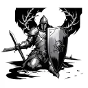 Crusader knight kneeling with shield and sword with thorns wrapping around the knight and circling around him tattoo design idea